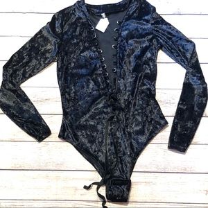 Black velvety lace up body suit